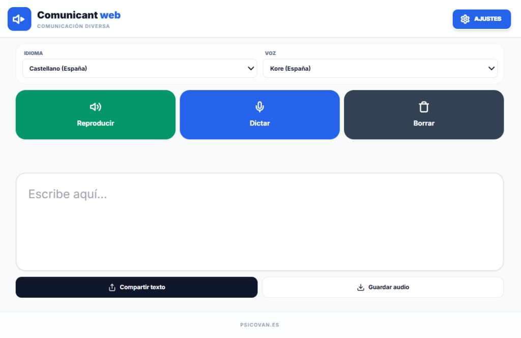 Interfaz de la aplicación web "Comunicant web", diseñada para facilitar la comunicación diversa. La pantalla muestra opciones para seleccionar idioma (Castellano - España) y voz (Kore - España). Hay botones con iconos para reproducir texto, dictar por voz y borrar contenido. Debajo, un área de texto con la etiqueta "Escribe aquí..." y dos botones adicionales: "Compartir texto" y "Guardar audio". En la parte inferior aparece el enlace "PSICOVAN.ES".