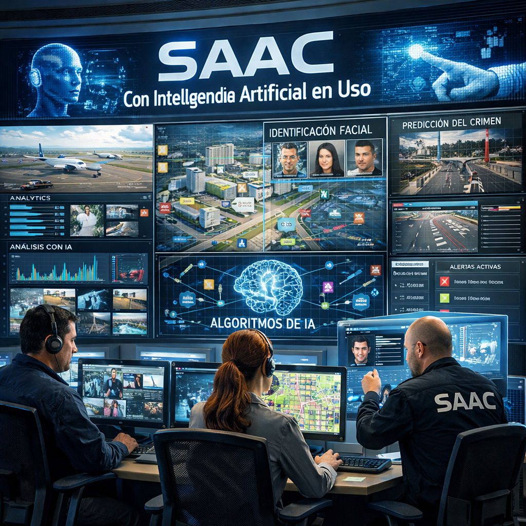 Control room with screens showing AI facial identification, crime prediction, analytics, and city surveillance.
